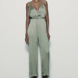 NWT Zara Women's Satin Effect Wrinkle Wide Leg Jumpsuit Olive Green Size XL
